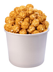 Caramel Popcorn on paper bucket isolated on white background, Mushroom Popcorn on white PNG File.