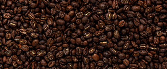 Coffee beans, food background and texture from freshly roasted arabica coffee beans, top view banner