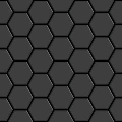 Dark grey glossy ceramic hexagon tiles seamless pattern. Modern home interior, bathroom and kitchen wall texture. Vector black shiny metal embossed hexagon wall background.
