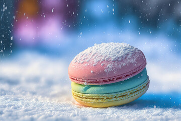 Fototapeta na wymiar illustration of close up pastel color macaroon with snow fall on snow ground with bokeh light background