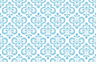 Wallpaper in the style of Baroque. Seamless vector background. White and blue floral ornament. Graphic pattern for fabric, wallpaper, packaging. Ornate Damask flower ornament
