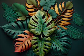 Fototapeta na wymiar tropical leaves top view. Generative AI