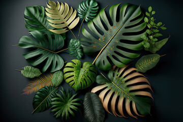 tropical leaves top view. Generative AI