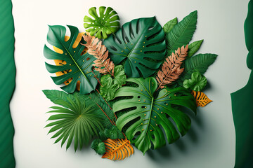 tropical leaves top view. Generative AI