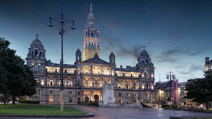 Glasgow City Chambers and George Square at night, Scotland - UK