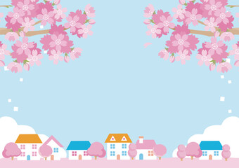 フレーム　春　街並み　家　さくら　桜　風景　背景　イラスト素材　水色