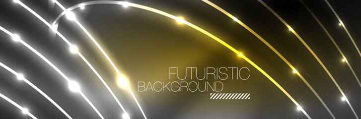 Shiny neon lights, dark abstract background with blurred magic neon light curved lines