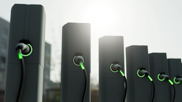 Realistic 3d rendering of Charging at electric charge station. Charging process. Parking with electric cars. Alternative energy, green energy recovery concept.