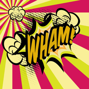 Wham comic book speech bubble, loud explosion sound effect. Superhero. Halftone