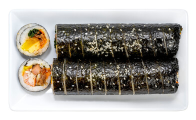 Korean Sushi Rolls or Kimbap  on white background, California Maki,  Steamed rice wrapped in seaweed with shrimp eggs meat and vegetable on White PNG file.