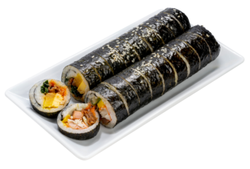 Korean Sushi Rolls or Kimbap  on white background, California Maki,  Steamed rice wrapped in seaweed with shrimp eggs meat and vegetable on White PNG file.