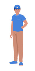 Male janitor in uniform posing semi flat color vector character. Commercial cleaning. Editable figure. Full body person on white. Simple cartoon style illustration for web graphic design and animation