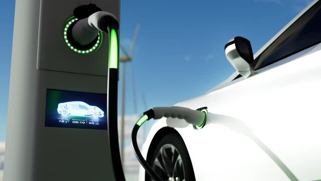 Realistic 3d rendering of Electric vehicle charging port plugging in car.  EV station with port plugged in car. Alternative energy, green energy recovery concept.