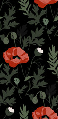 Obraz premium Vector seamless pattern with red poppy flowers and green foliage