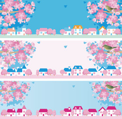 Fototapeta premium バナー フレーム 春 街並み 家 さくら 桜 風景 背景 イラスト素材セット 
