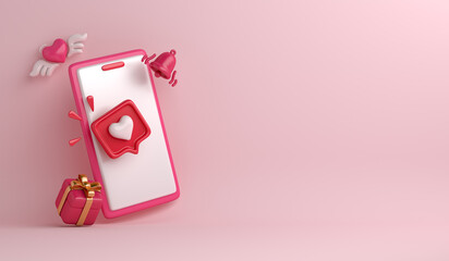 Happy Valentines day background with smartphone, gift box, heart shape wing, bell notification copy space text, 3D rendering illustration