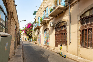 One of the quiet deserted streets in the old city of Yafo, in Tel Aviv - Yafo city, Israel