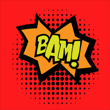 BAM comic book speech bubble, loud explosion sound effect. Superhero. Halftone