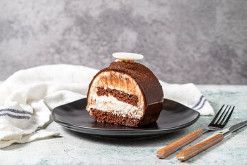 Layered Chocolate Cake on a Stone Background. A slice of delicious portion chocolate cake. close up