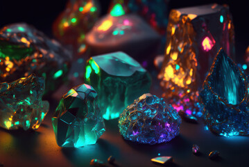 Fototapeta na wymiar Neon glowing gemstones, Generative Ai