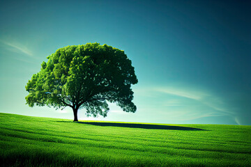 Fototapeta na wymiar Green field, tree and blue sky.Great as a background