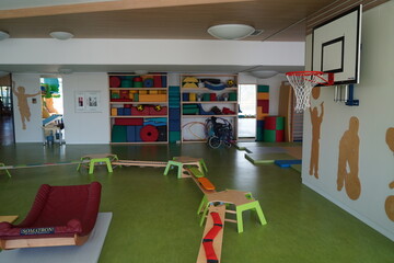 Almaty, Kazakhstan - 10.12.2022 : A kindergarten room with decorative elements, educational toys and inventory.