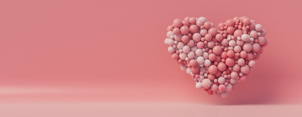 Multicolored Balloon Love Heart. Pink, Polka Dot and Striped Balloons arranged in a heart shape. 3D Render with copy-space. 