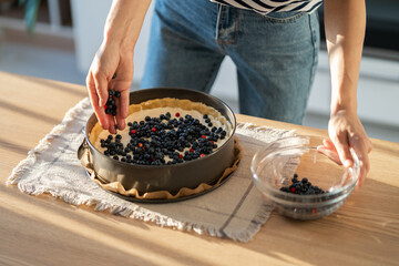 Hands of woman preparing pie with addition of fresh blueberries for festive table or in honor of anniversary. Close-up housewife hands with cake mold in process of making pastries and desserts