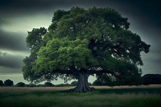 In the field, a lone green oak tree