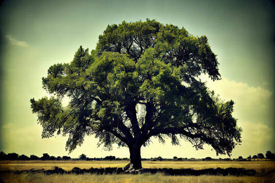 In the field, a lone green oak tree