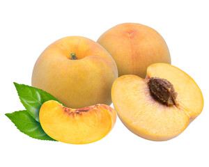 Naklejka na ściany i meble Sweet Yellow Peach fruit with leaf on white background, Fresh Peach on White Background PNG File.