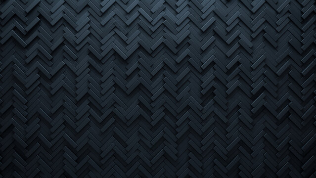 Semigloss, Polished Wall background with tiles. Black, tile Wallpaper with Herringbone, 3D blocks. 3D Render