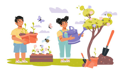 Children gardening and planting flowers, flat vector illustration isolated on white background. Children characters for spring holiday cards and activity.