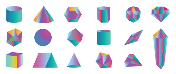 Set of 3d geometric shapes vector on black background. Prism, geometric realistic element icon, cube, circle in futuristic holographic display design. Design for logo template, banner, decoration.