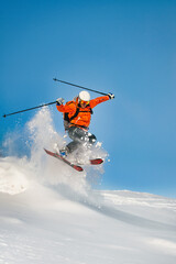 Naklejka na ściany i meble Free-rider skier jumps into deep snow