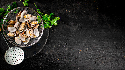 Fresh vongole in a colander on a stone board with parsley. 
