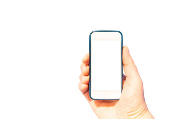 Hand holding mobile phone with empty white screen on the green background.Mockup balnk screen.