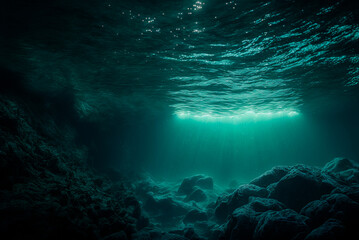 Fototapeta na wymiar dark blue ocean, view from beneath the surface of the ocean
