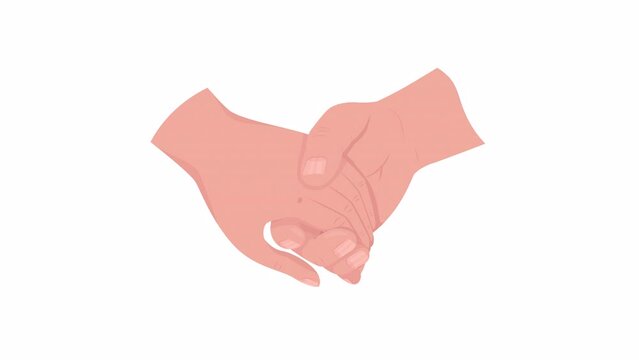 Animated hands holding each other. Physical intimacy. Flat first view hands on white background with alpha channel transparency. Colorful cartoon style 4K video footage of closeup arms for animation