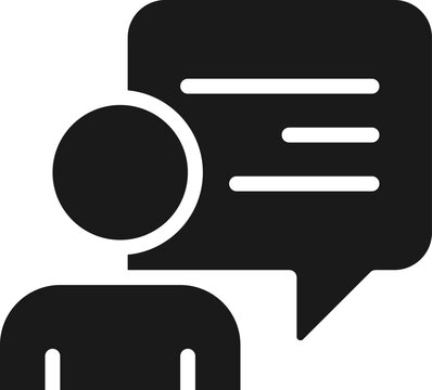 Speech balloon near talking person black glyph icon. Communication process visualisation. Character thoughts. Silhouette symbol on white space. Solid pictogram. Vector isolated illustration