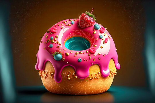 delicious sweet desserts in form of donut with pink strawberry filling