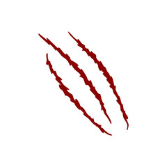 Fototapeta na wymiar Blood scratch claws mark of wild animal. Monster or dinosaur talons trace. Red sharp torn edges texture isolated on white background. Scary symbol on the wall. Vector flat illustration