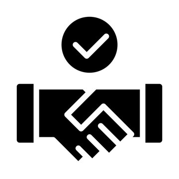Isolated handshake with check mark in solid glyph icon on white background. Deal, congrats, approve, greeting, partnership, teamwork