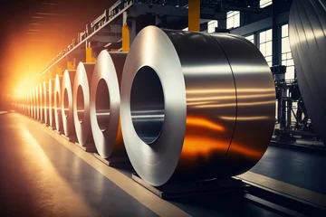 Fotobehang Large aluminium steel rolls in the factory - Generative AI © studio33