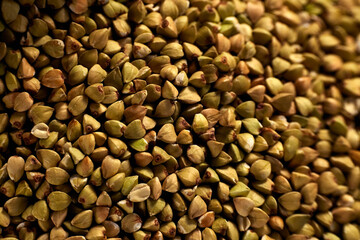 Natural Green Raw Buckwheat Groats.  Organic buckwheat grains ready for cooking porridge.