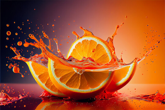 Colorful orange slices splashing in a water, abstract fluid exploding creativity, crazy background with splashes, multicolor liquid effect. 