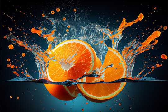 Colorful orange slices splashing in a water, abstract fluid exploding creativity, crazy background with splashes, multicolor liquid effect. 