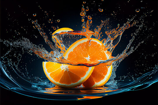 Colorful orange slices splashing in a water, abstract fluid exploding creativity, crazy background with splashes, multicolor liquid effect. 