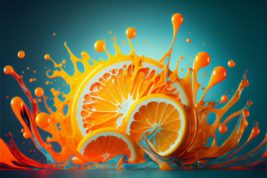 Colorful orange slices splashing in a water, abstract fluid exploding creativity, crazy background with splashes, multicolor liquid effect. 