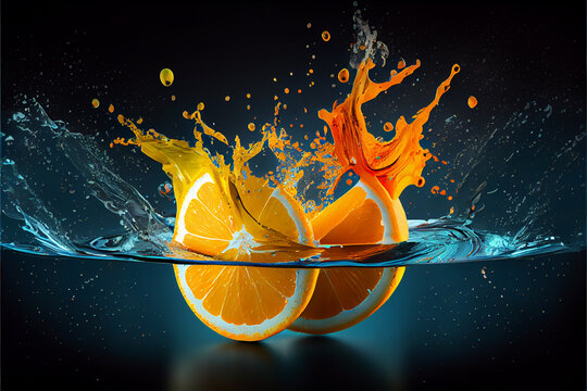 Colorful orange slices splashing in a water, abstract fluid exploding creativity, crazy background with splashes, multicolor liquid effect. 